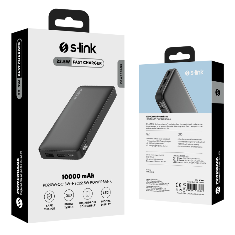 S-Link P311L Powerbank 10000 mAh 2x USB-A, USB-C, HSC 22.5W, PD 20W, QC 3.0, czarny