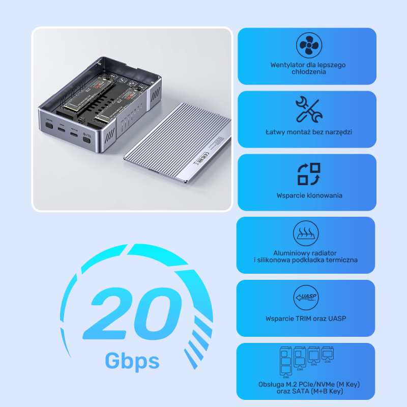 Unitek Obudowa RAID 2xM.2 NVMe/SATA 20Gbps z klonowaniem offline