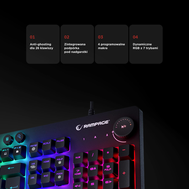 Rampage Klawiatura gamingowa z podstawką Simula RGB Makro czarna