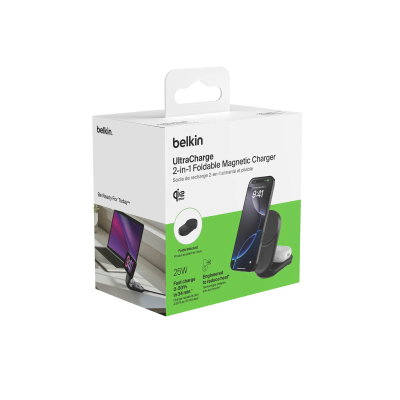Belkin Ładowarka magnetyczna Qi2 25 W, składana 2w1, zasilacz 45W, czarna