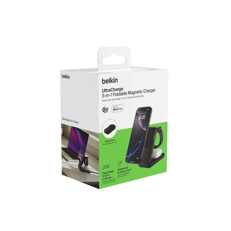 Belkin Ładowarka magnetyczna Qi2 25W, 3w1, składana, zasilacz 45W, czarna