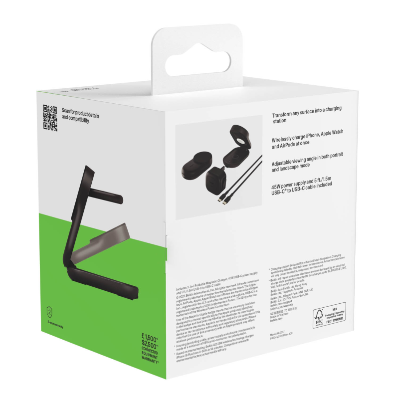 Belkin Ładowarka magnetyczna Qi2 25W, 3w1, składana, zasilacz 45W, czarna