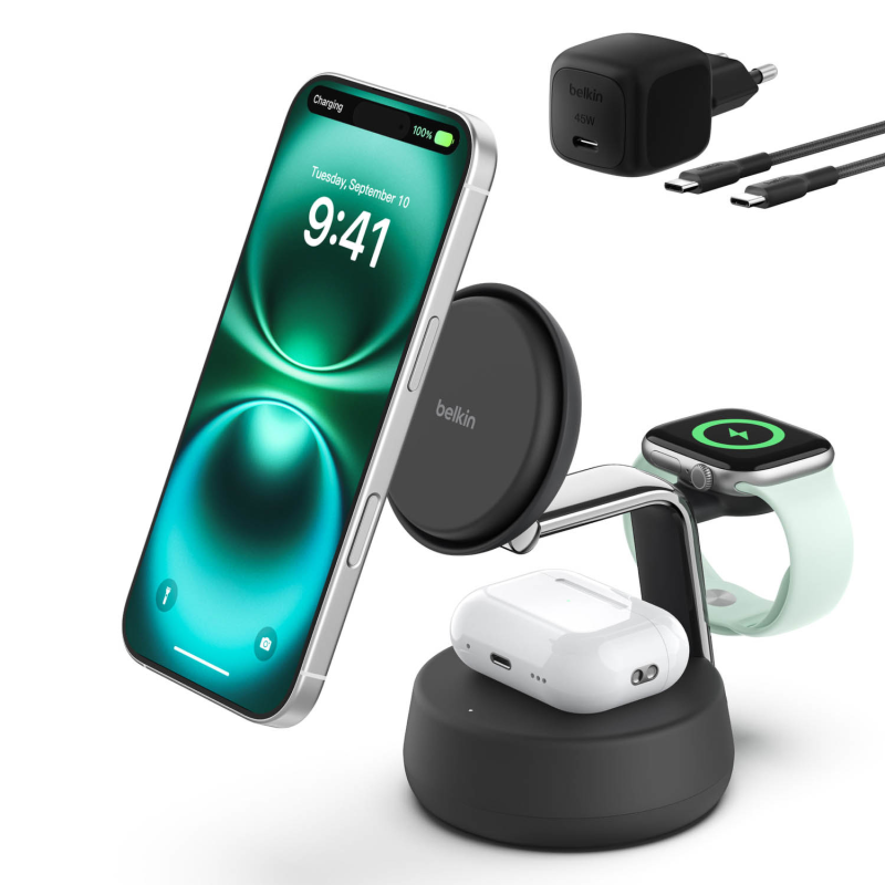 Belkin Ładowarka magnetyczna Qi2 25W, 3w1, zasilacz 45W, grafitowa