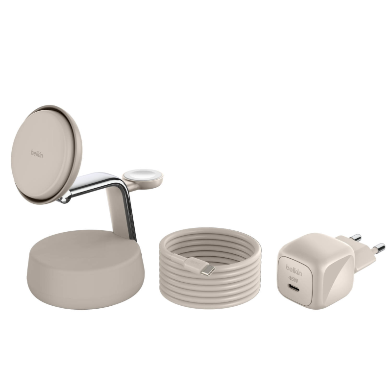 Belkin Ładowarka magnetyczna Qi2 25W, 3w1, zasilacz 45W, kremowa