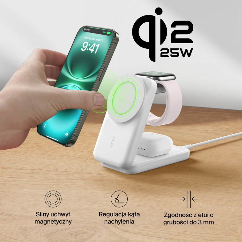 Belkin Ładowarka magnetyczna Qi2 25W, 3w1, składana, zasilacz 45W, biała