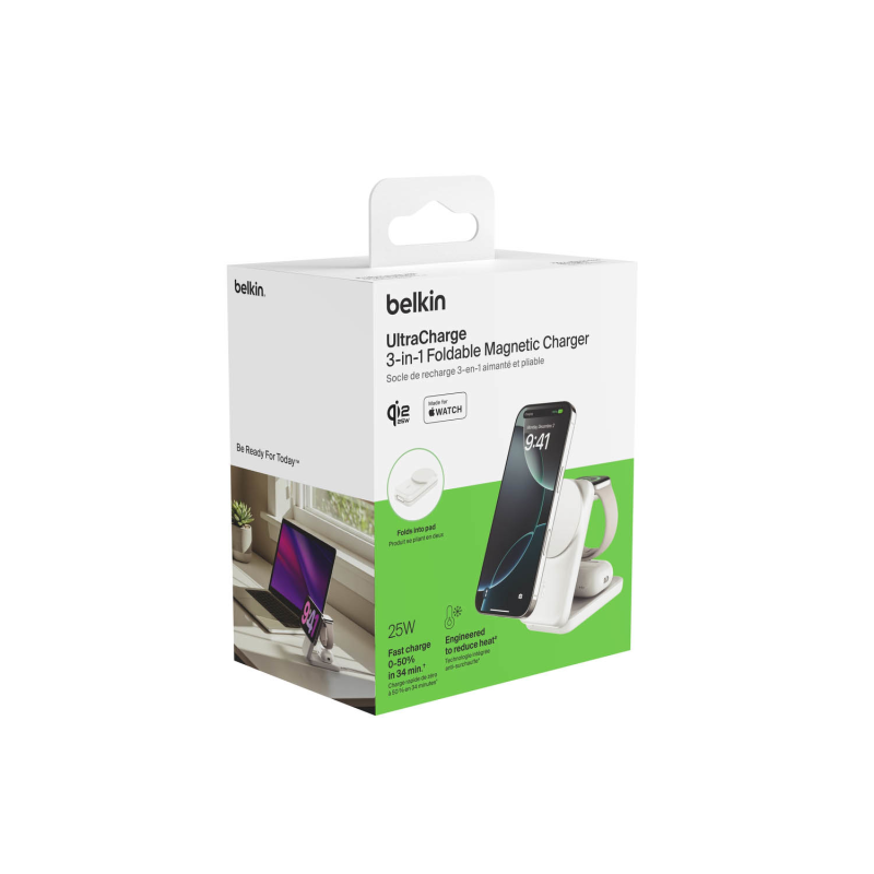 Belkin Ładowarka magnetyczna Qi2 25W, 3w1, składana, zasilacz 45W, biała