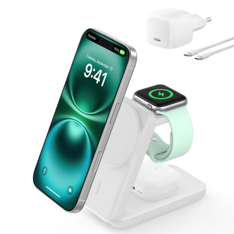 Belkin Ładowarka magnetyczna Qi2 25W, 3w1, składana, zasilacz 45W, biała