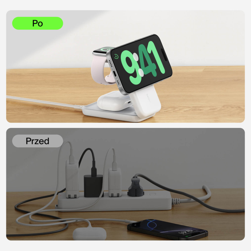 Belkin Ładowarka magnetyczna Qi2 25W, 3w1, składana, zasilacz 45W, biała