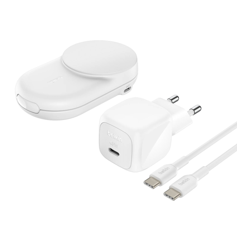 Belkin Ładowarka magnetyczna Qi2 25 W, składana 2w1, zasilacz 45W, biała