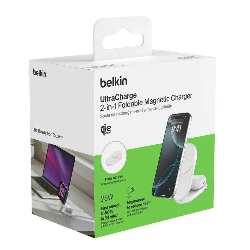 Belkin Ładowarka magnetyczna Qi2 25 W, składana 2w1, zasilacz 45W, biała