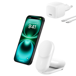 Belkin Ładowarka magnetyczna Qi2 25 W, składana 2w1, zasilacz 45W, biała