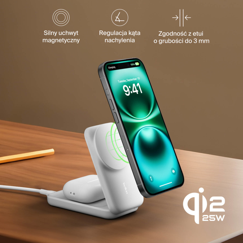 Belkin Ładowarka magnetyczna Qi2 25 W, składana 2w1, zasilacz 45W, biała