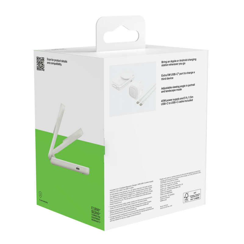 Belkin Ładowarka magnetyczna Qi2 25 W, składana 2w1, zasilacz 45W, biała