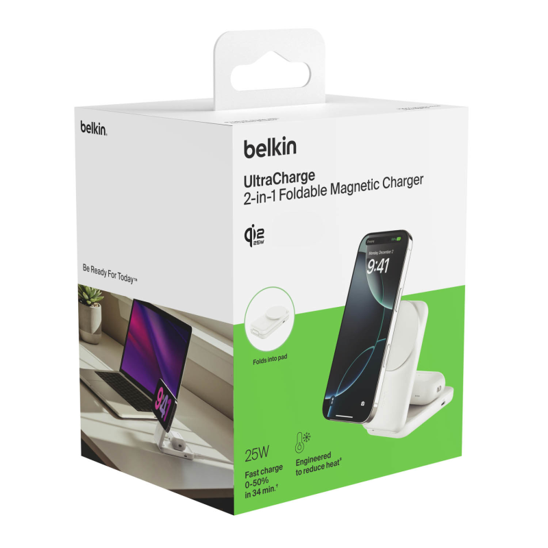 Belkin Ładowarka magnetyczna Qi2 25 W, składana 2w1, zasilacz 45W, biała