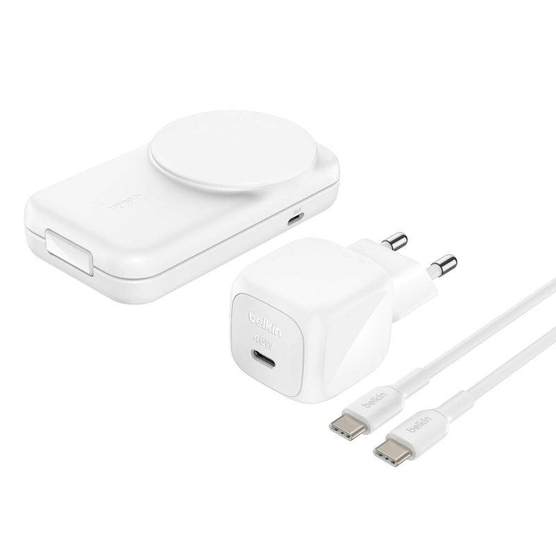 Belkin Ładowarka magnetyczna Qi2 25 W, składana 2w1, zasilacz 45W, biała