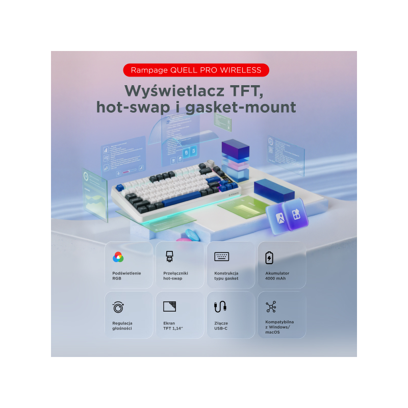 Rampage Quell Pro bezprzewodowa klawiatura mechaniczna Ekran, Gasket, Hot-Swap 2,4G + BT