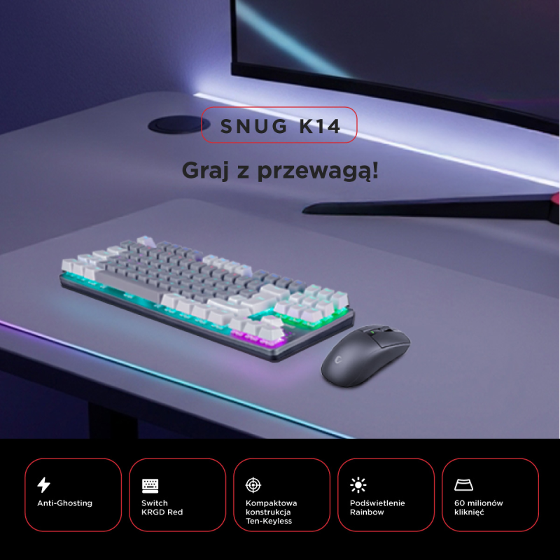 Rampage Klawiatura gamingowa mechaniczna Snug RGB KRGD Red szaro-biała
