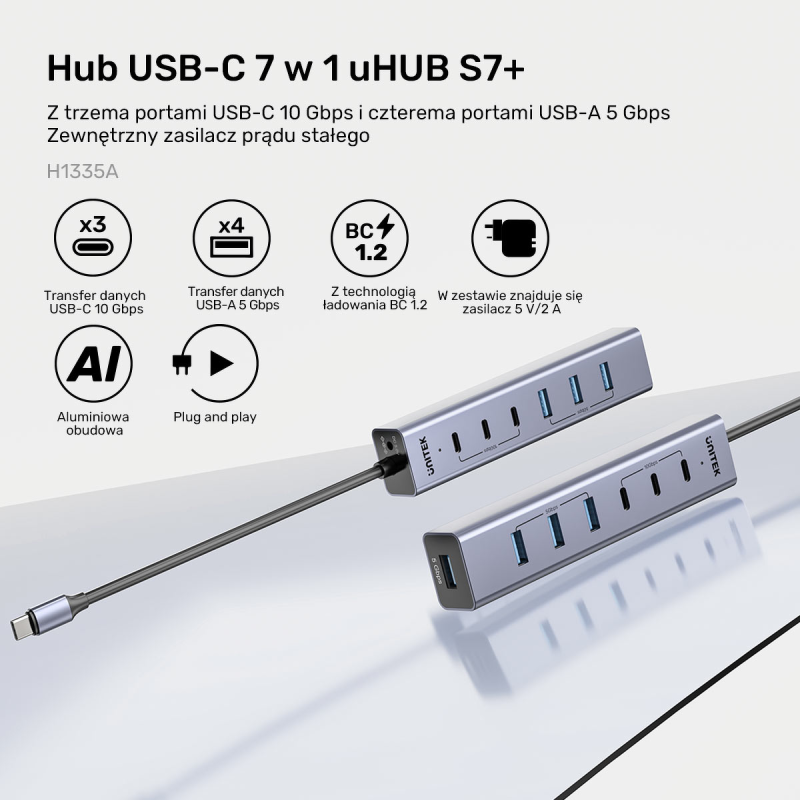 Unitek Aktywny Hub USB-C  3x USB-C 10Gbps  4x USB-A 5 Gbps z zasilaczem
