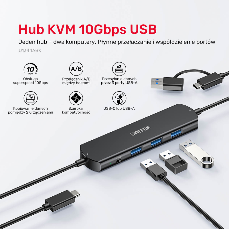 Unitek KVM Hub 10 Gbps – przełączanie między 2 hostami, 3×USB-A