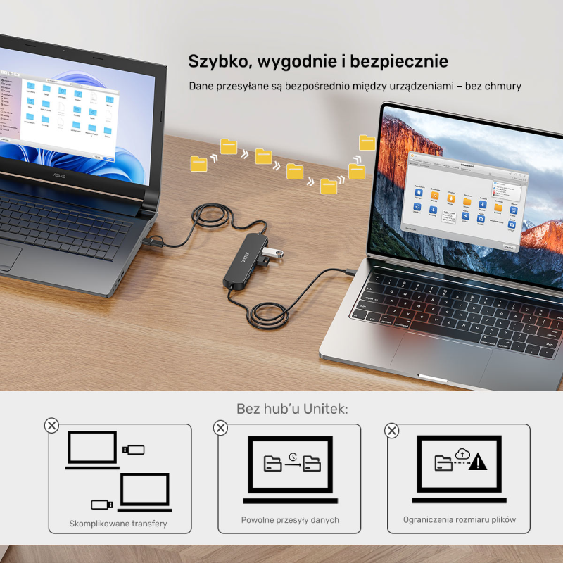 Unitek KVM Hub 10 Gbps – przełączanie między 2 hostami, 3×USB-A