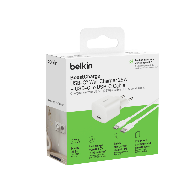 Belkin Ładowarka USB-C 25W PD 3.1, kompaktowa, kabel USB-C, biała