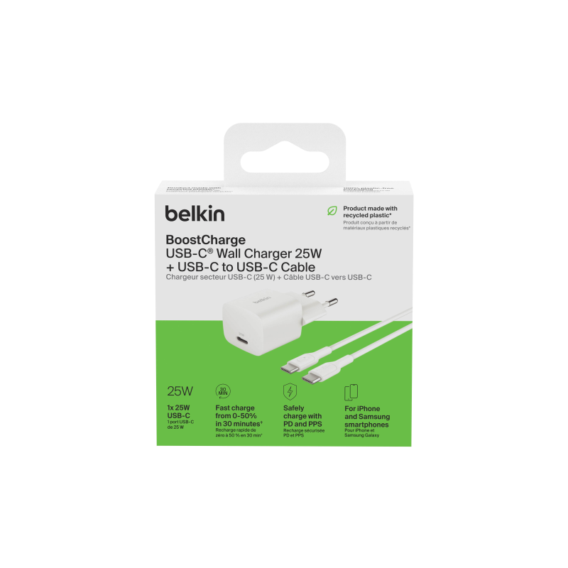Belkin Ładowarka USB-C 25W PD 3.1, kompaktowa, kabel USB-C, biała