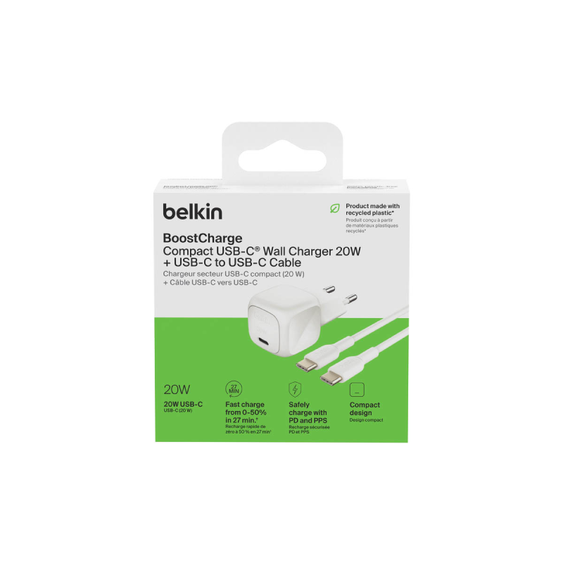 Belkin Ładowarka USB-C PD 3.1 20W, kompaktowa, kabel, biała