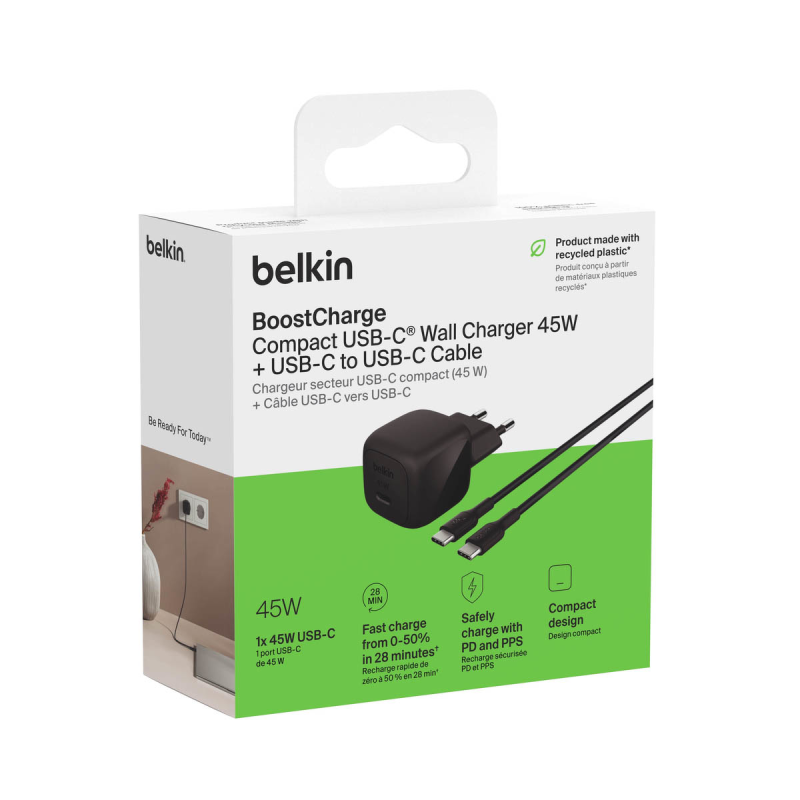 Belkin Ładowarka USB-C 45W, PD 3.1, BoostCharge, kompaktowa, kabel USB-C, czarna