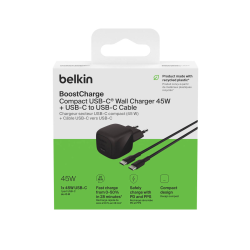 Belkin Ładowarka USB-C 45W, PD 3.1, BoostCharge, kompaktowa, kabel USB-C, czarna