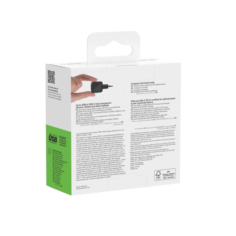 Belkin Ładowarka USB-C 45W, PD 3.1, BoostCharge, kompaktowa, kabel USB-C, czarna