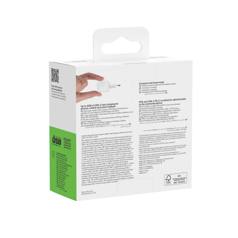 Belkin Ładowarka USB-C 45W, PD 3.1, BoostCharge, kompaktowa, kabel USB-C, biała