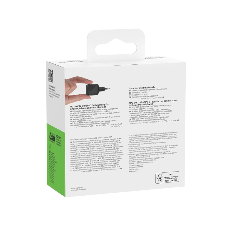 Belkin Ładowarka USB-C 45W, PD 3.1, BoostCharge, kompaktowa, czarna