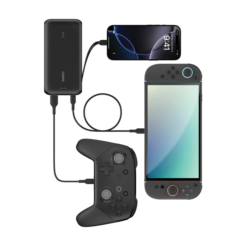 Belkin Powerbank 20 000 mAh do Nintendo Switch 2, 30W, wbudowany kabel USB-C, czarny