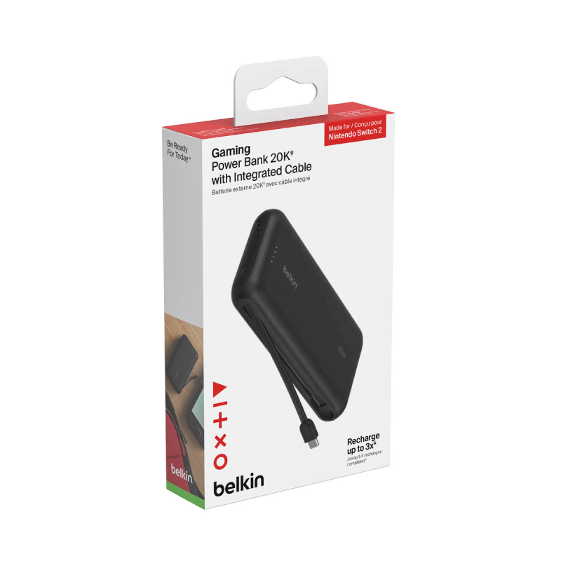 Belkin Powerbank 20 000 mAh do Nintendo Switch 2, 30W, wbudowany kabel USB-C, czarny