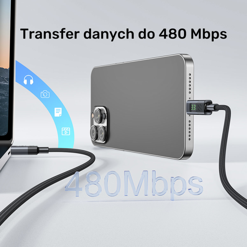 Unitek Przewód USB-C PD 60W 480Mbps z wyświetlaczem 2m z oplotem czarny