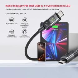 Unitek Przewód USB-C PD 60W 480Mbps z wyświetlaczem 2m z oplotem czarny