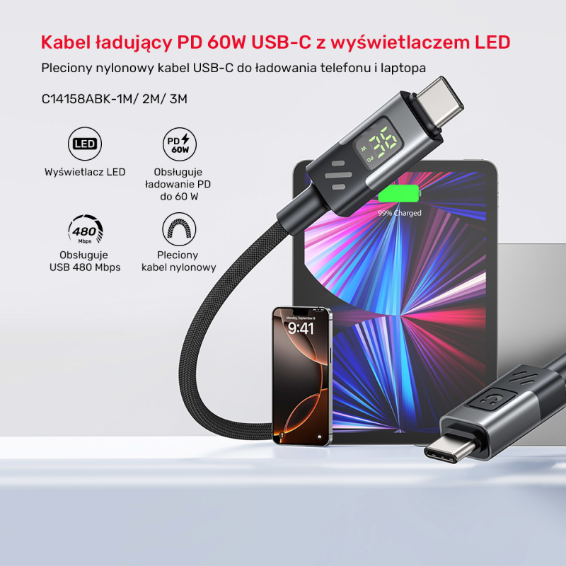 Unitek Przewód USB-C PD 60W 480Mbps z wyświetlaczem 3m z oplotem czarny