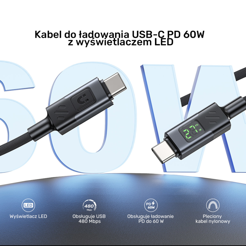 Unitek Przewód USB-C PD 60W 480Mbps z wyświetlaczem 3m z oplotem czarny