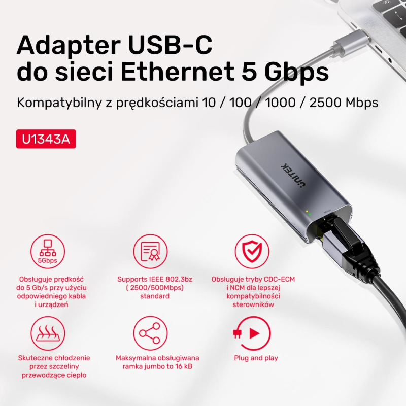 Unitek Adapter USB-C do RJ45 5Gbps