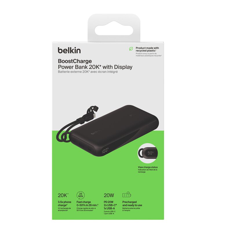 Belkin Powerbank 20 000 mAh, 2x USB-C 20W, USB-A, czarny | PartsPC.pl