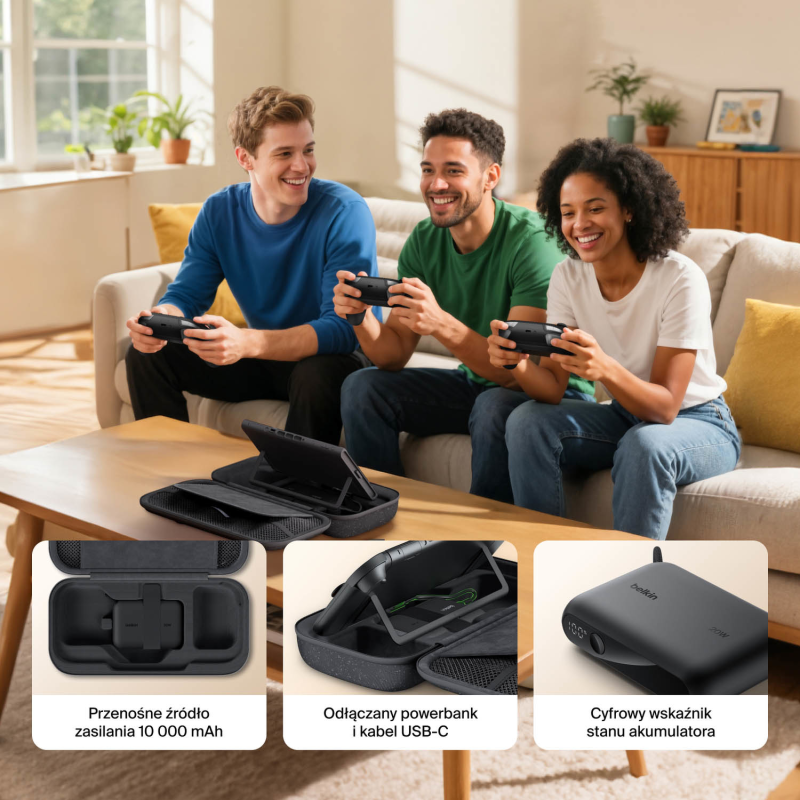 Belkin Etui ładujące na Nintendo Switch 2, powerbank 10 000 mAh, 2x USB-C 20W, czarne