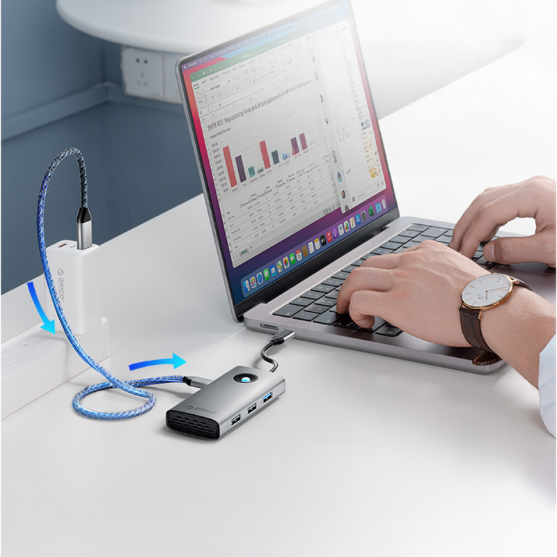 Orico Hub USB-C 5Gbps, USB-A, 2xUSB-A 2.0, PD60W, HDMI 4K@30Hz, szary