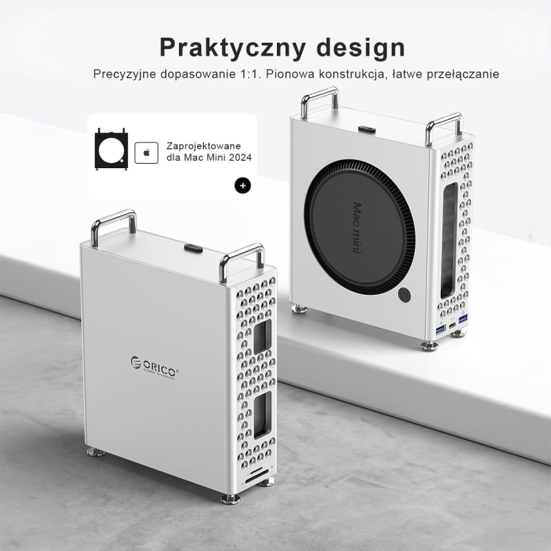 Orico Obudowa do MacMini M4 z obudową na dysk M2. NVMe, USB-A, czytnik kart