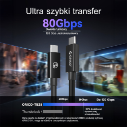Orico Przewód Thunderbolt 5 USB-C 80Gbps, 240W, 8K@60Hz, 1,5m, czarny