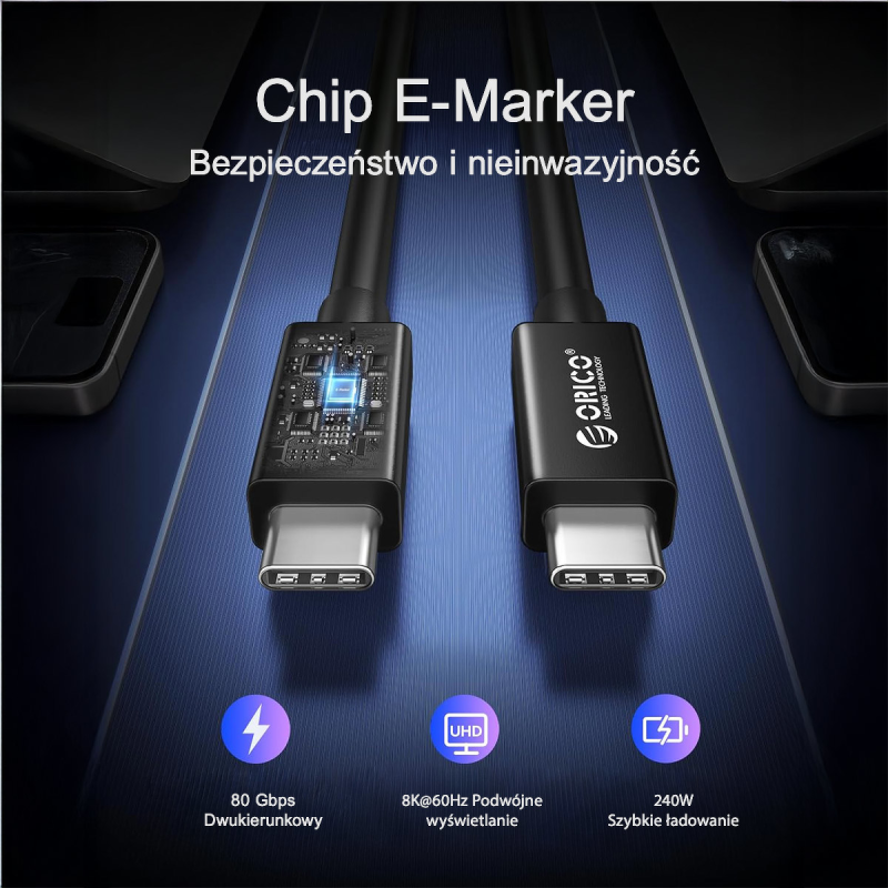 Orico Przewód Thunderbolt 5 USB-C 80Gbps, 240W, 8K@60Hz, 1,5m, czarny