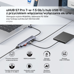 Unitek Hub USB-C 7w1 4K@60Hz, PD 100W i przycisk HDMI On/Off