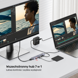 Unitek Hub USB-C 7w1 4K@60Hz, PD 100W i przycisk HDMI On/Off