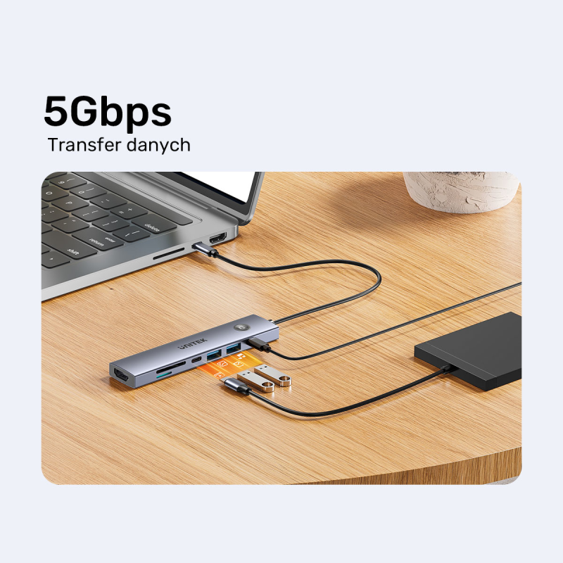 Unitek Hub USB-C 7w1 4K@60Hz, PD 100W i przycisk HDMI On/Off
