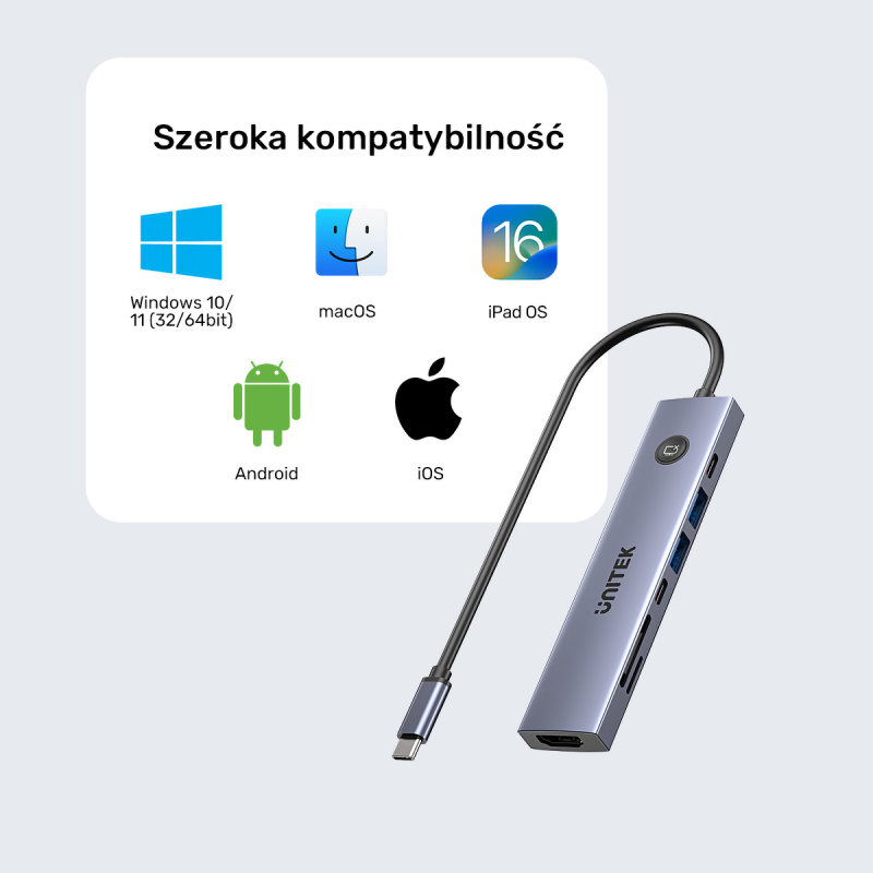 Unitek Hub USB-C 7w1 4K@60Hz, PD 100W i przycisk HDMI On/Off