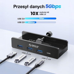Orico Aktywny hub USB-C 5Gbps, 15W, przykręcany, 3x USB-A, USB-C, czarny